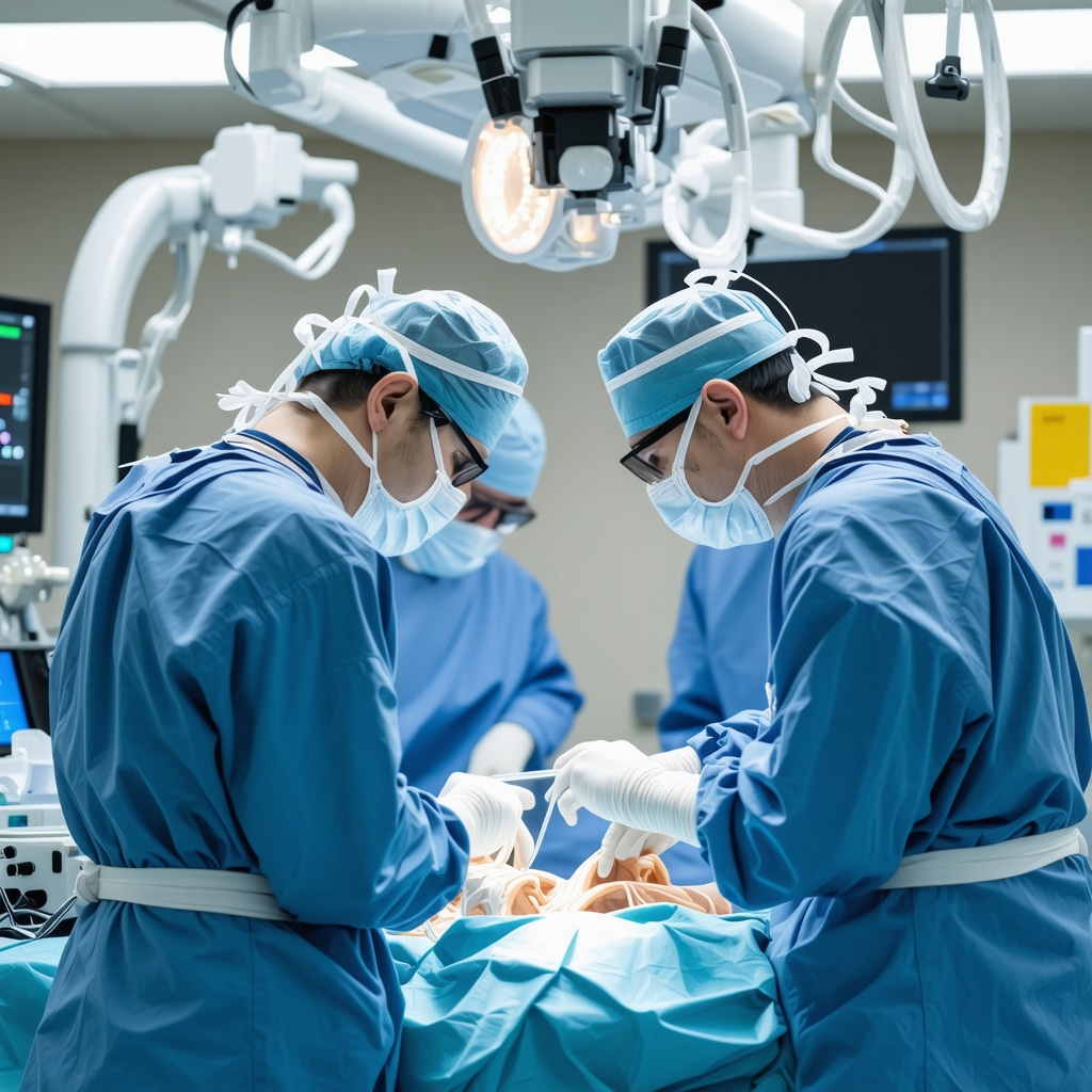 Surgeons performing robotic-assisted spinal surgery with advanced technology
