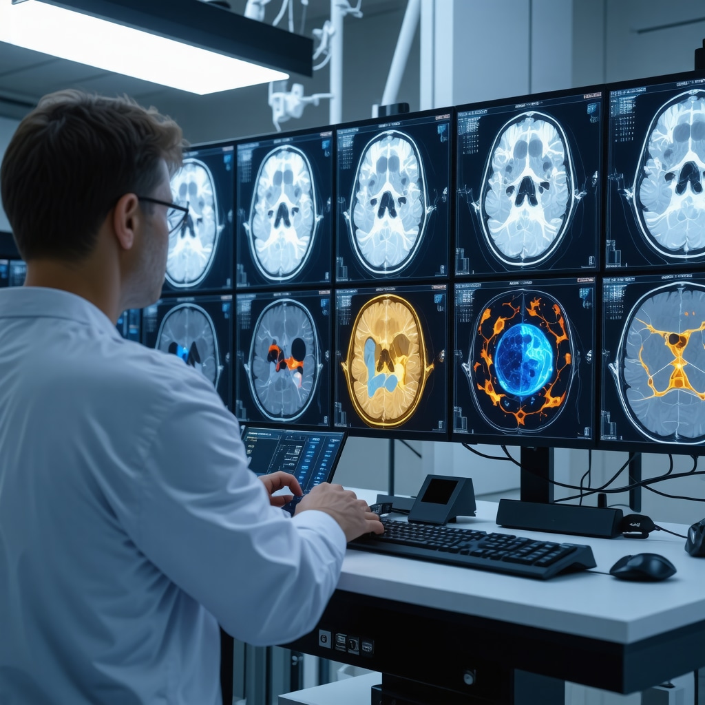 Spine specialists reviewing fMRI scans and genetic data for personalized post-surgical pain management