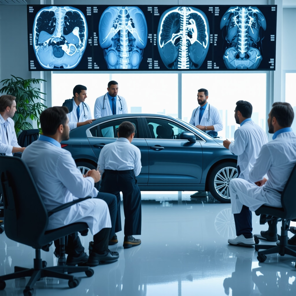 Spine specialists reviewing advanced MRI and biomechanical analysis data for car accident injury