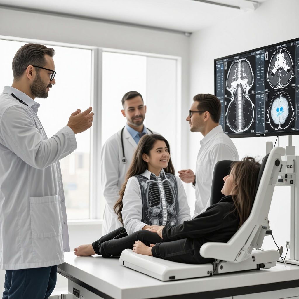 Medical professionals reviewing neuroimaging and genomic data to tailor post-surgical back pain treatment