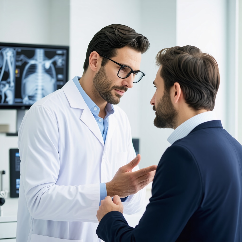 Spine surgeon explaining imaging results to a patient in NJ clinic.