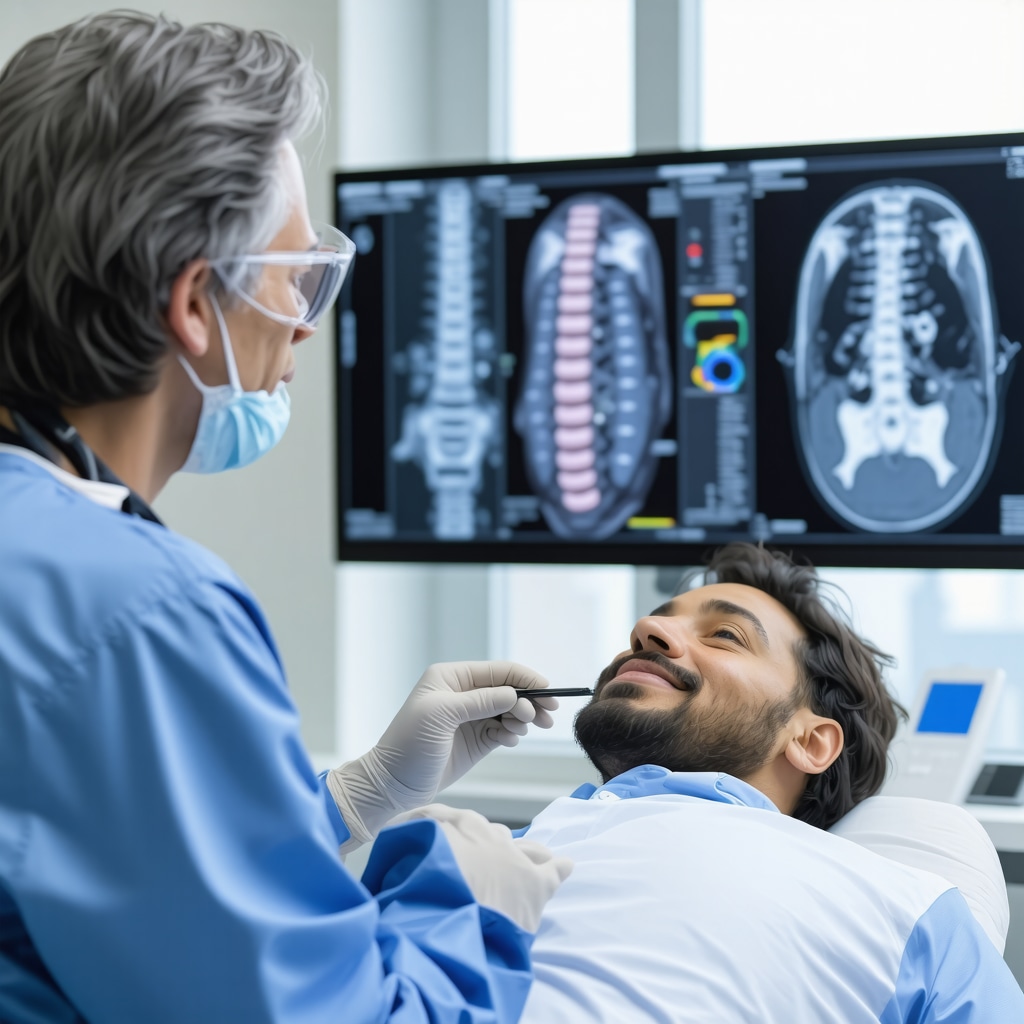 Spine surgeon in New Jersey showing AI-assisted robotic spine surgery images to a patient during a consultation