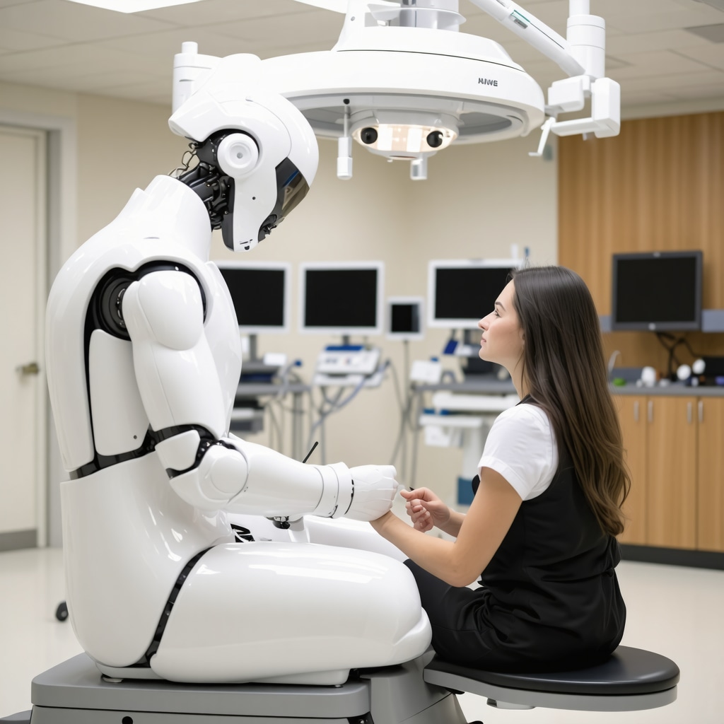 A NJ spine surgery clinic featuring robotic surgical systems and a surgeon discussing with a patient.