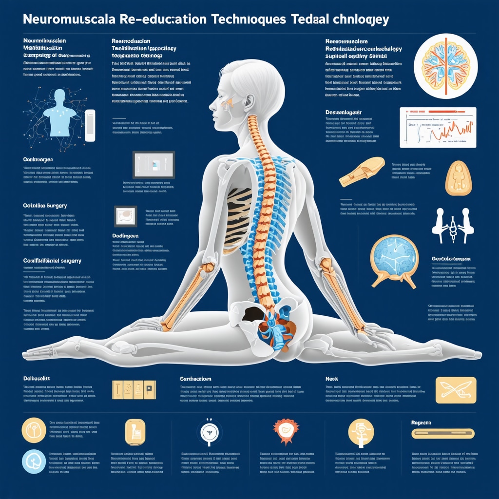 Infographic showing neuromuscular re-education exercises and wearable technology aiding post-spinal surgery recovery