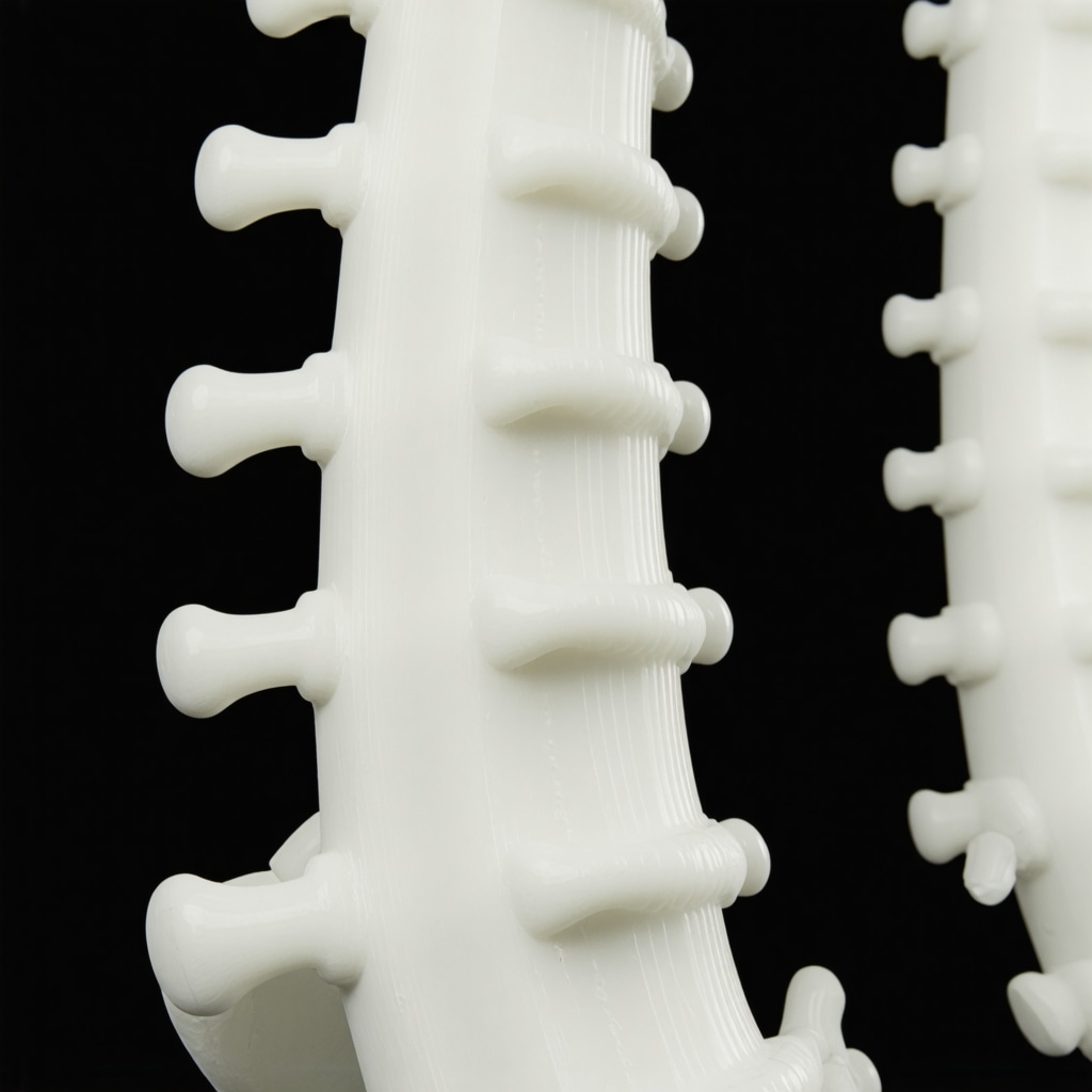 Futuristic surgical room with 3D-printed spinal implant and robotic surgical system