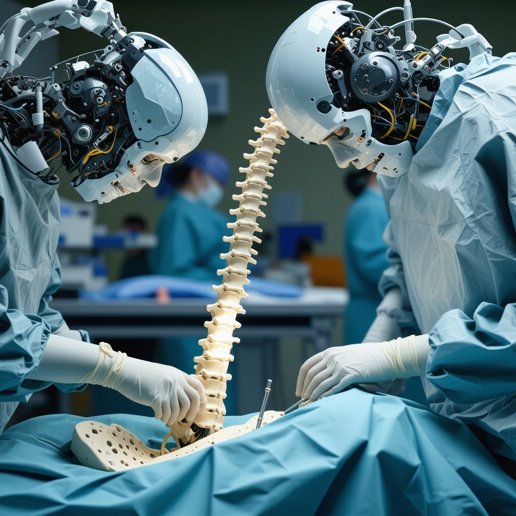Advanced robotic surgical system in action during lumbar spine operation
