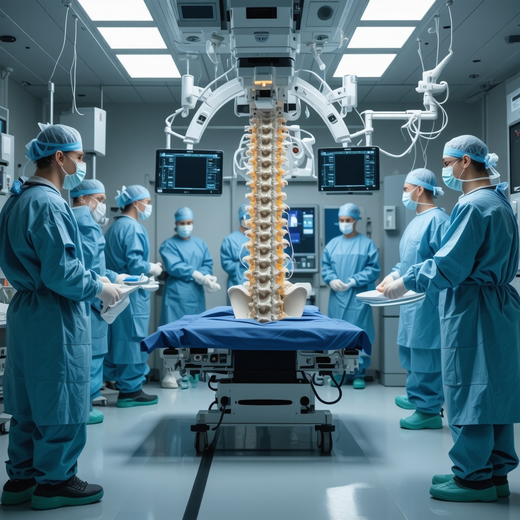 Advanced spine surgery with AR, nanotech, and regenerative medicine in a high-tech medical setting