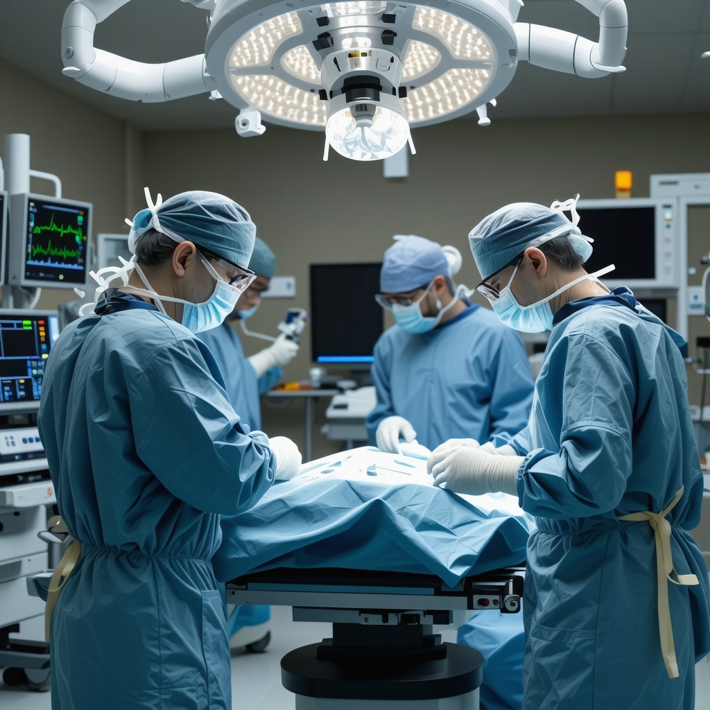 Surgeon using advanced imaging and robotic tools in a high-tech operating room for spine surgery