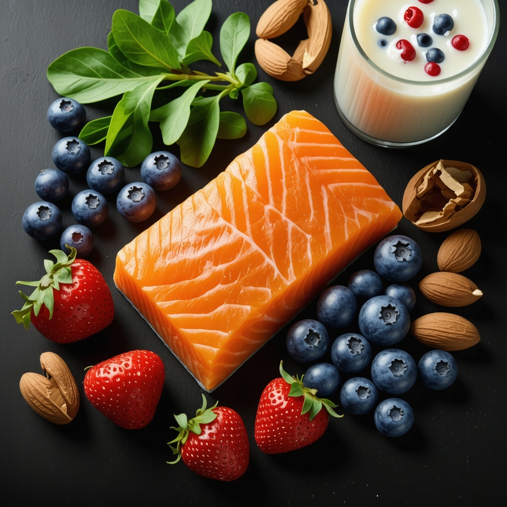 Array of healthy foods including fish, leafy greens, berries, nuts, and smoothies supporting spine healing.