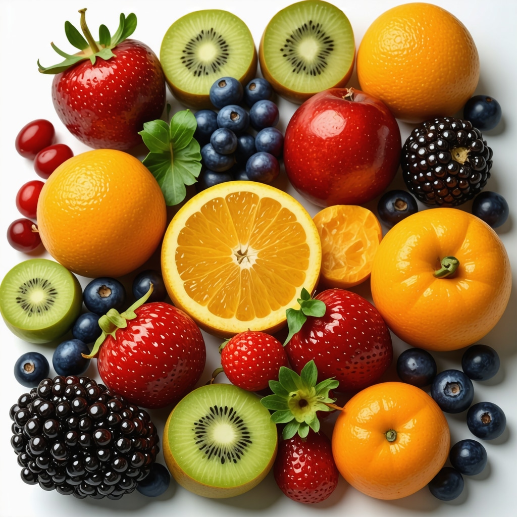 Assorted fruits, vegetables, and supplements promoting spinal healing.