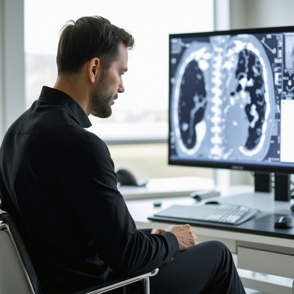 Patient discussing spinal surgery options with NJ spine surgeon in a high-tech clinic.