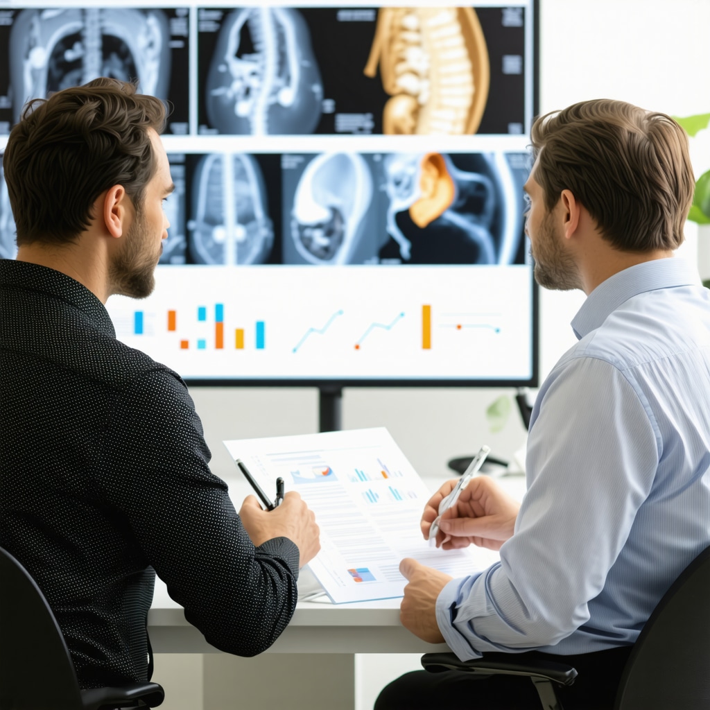 Patient and medical professionals discussing spine surgery options and insurance details in office