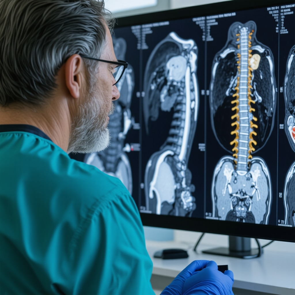 Spine surgeon analyzing detailed spinal imaging with a patient in a consultation room.