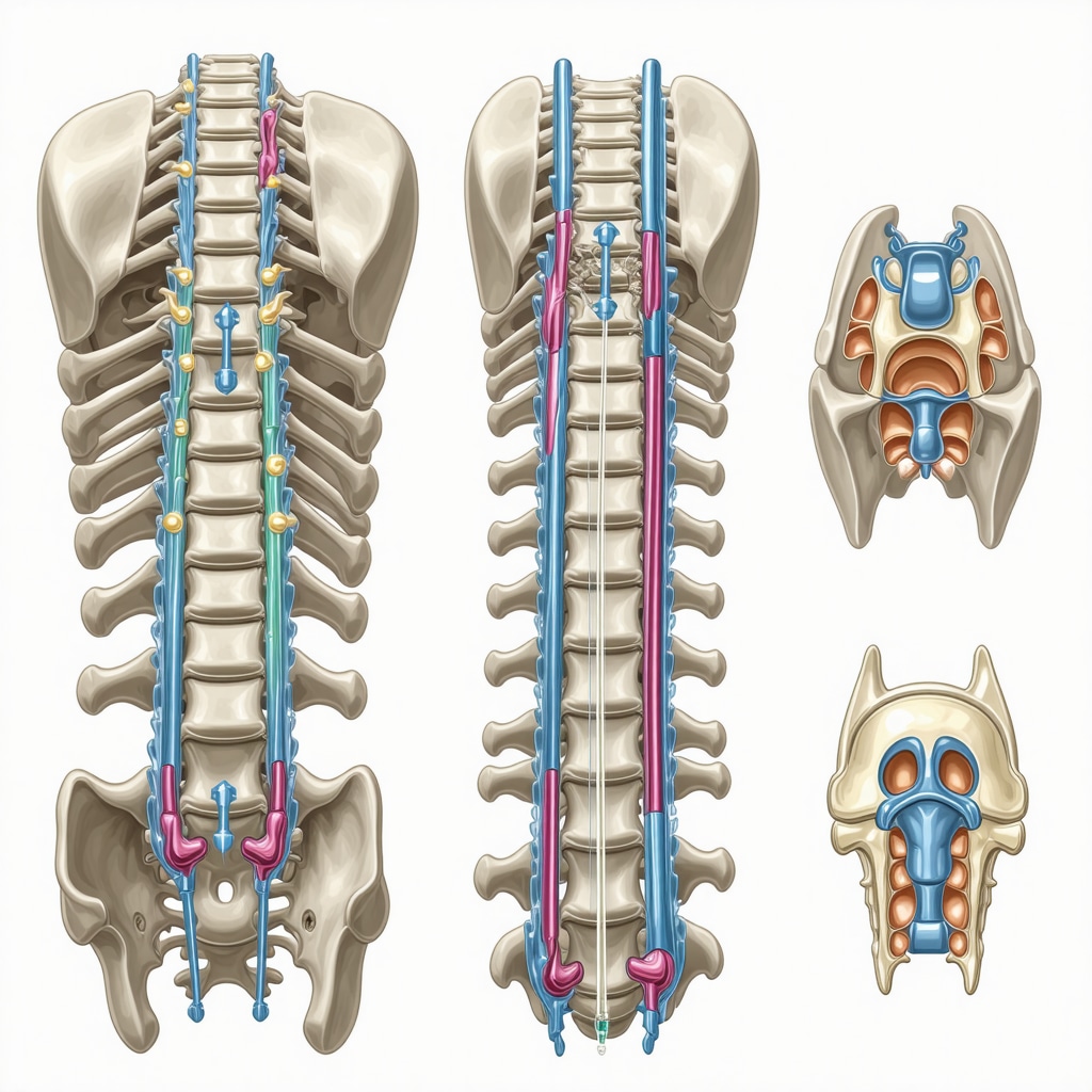 Illustration of regenerative spine therapies with PRP and stem cell injections alongside advanced imaging and neuromodulation techniques