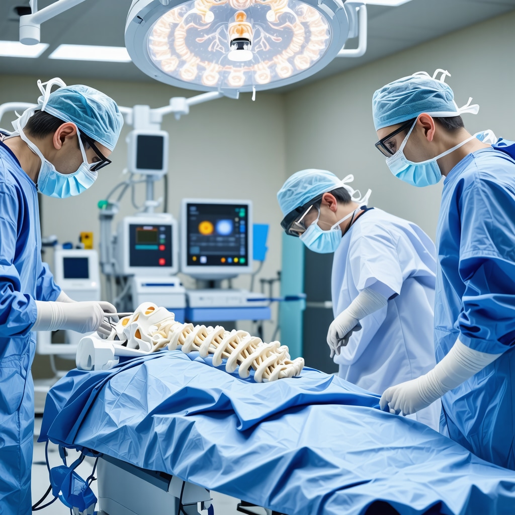 Robotic arm performing lumbar spine surgery with augmented reality anatomical overlays visible
