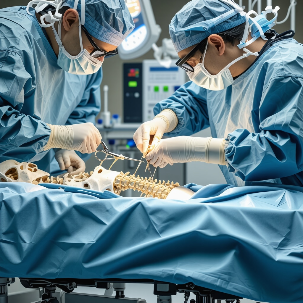 Image depicting a surgeon using robotic assistance for minimally invasive microdiscectomy in a clinical setting