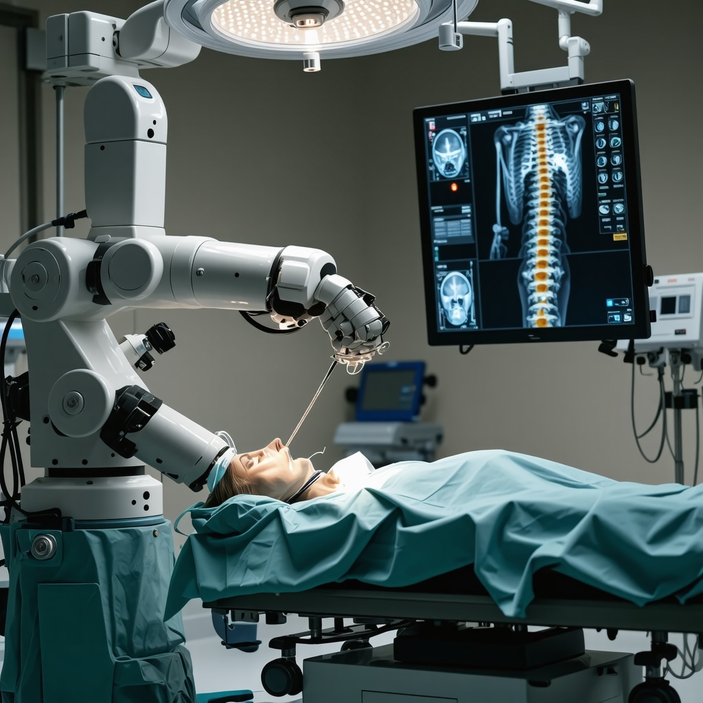 Robotic arm and 3D navigation screens assisting in minimally invasive spine surgery