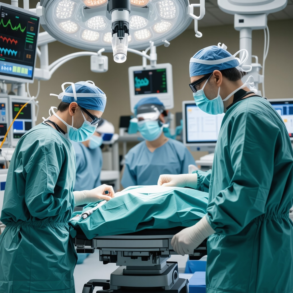 Surgeon performing robotic-assisted spinal fusion surgery with advanced technology in operating room