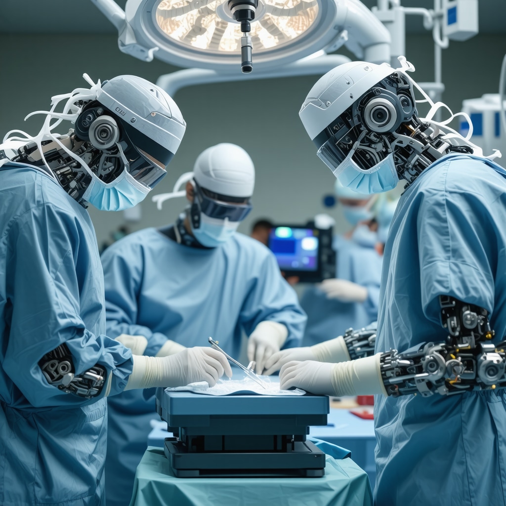 Surgeon using robotic-assisted technology for precise spine surgery in a high-tech medical setting.
