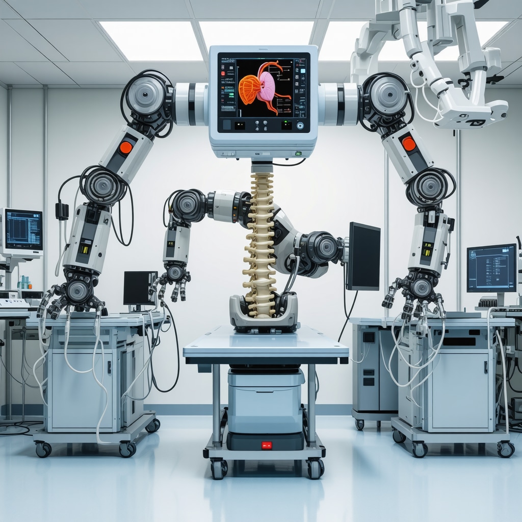 Detailed illustration of robotic-assisted spine surgery process in a modern surgical suite