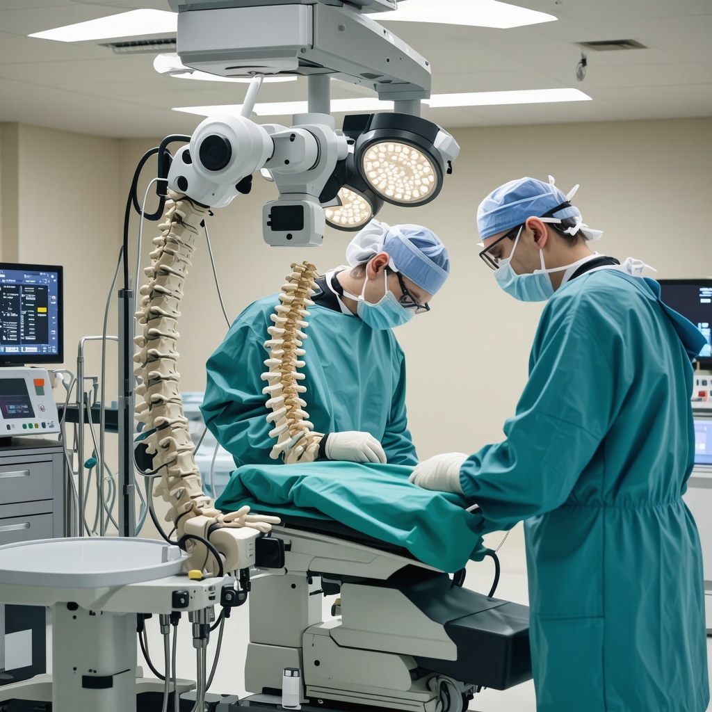 Surgeon operating robotic spine surgery system in a high-tech operating room.