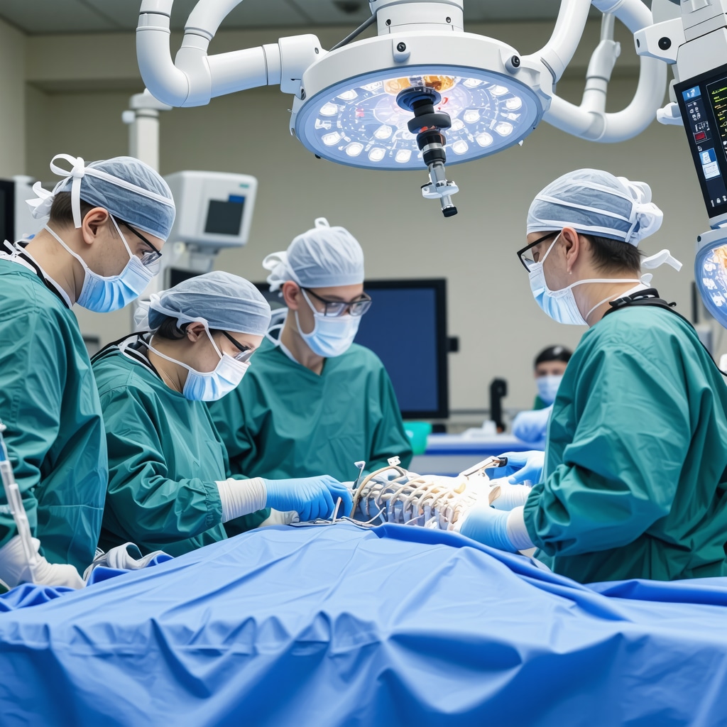 Surgeons using robotic systems during a spine surgery in a modern operating room.