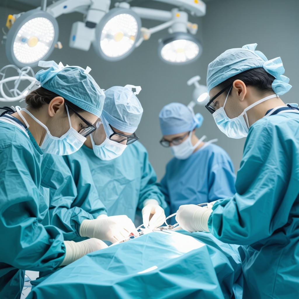 Surgeons performing robotic-assisted cervical spine surgery with advanced equipment