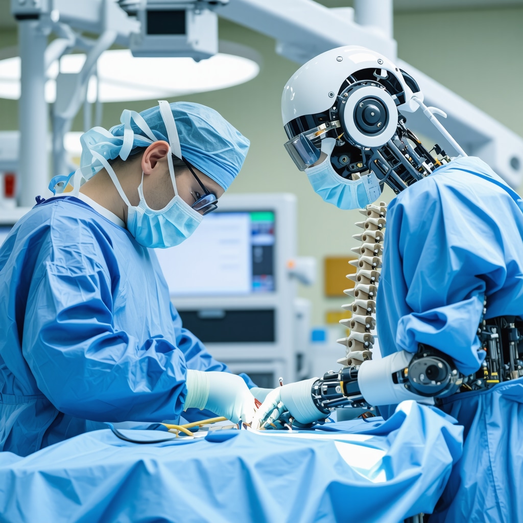 Surgeon operating a robotic spine surgery system during a procedure.