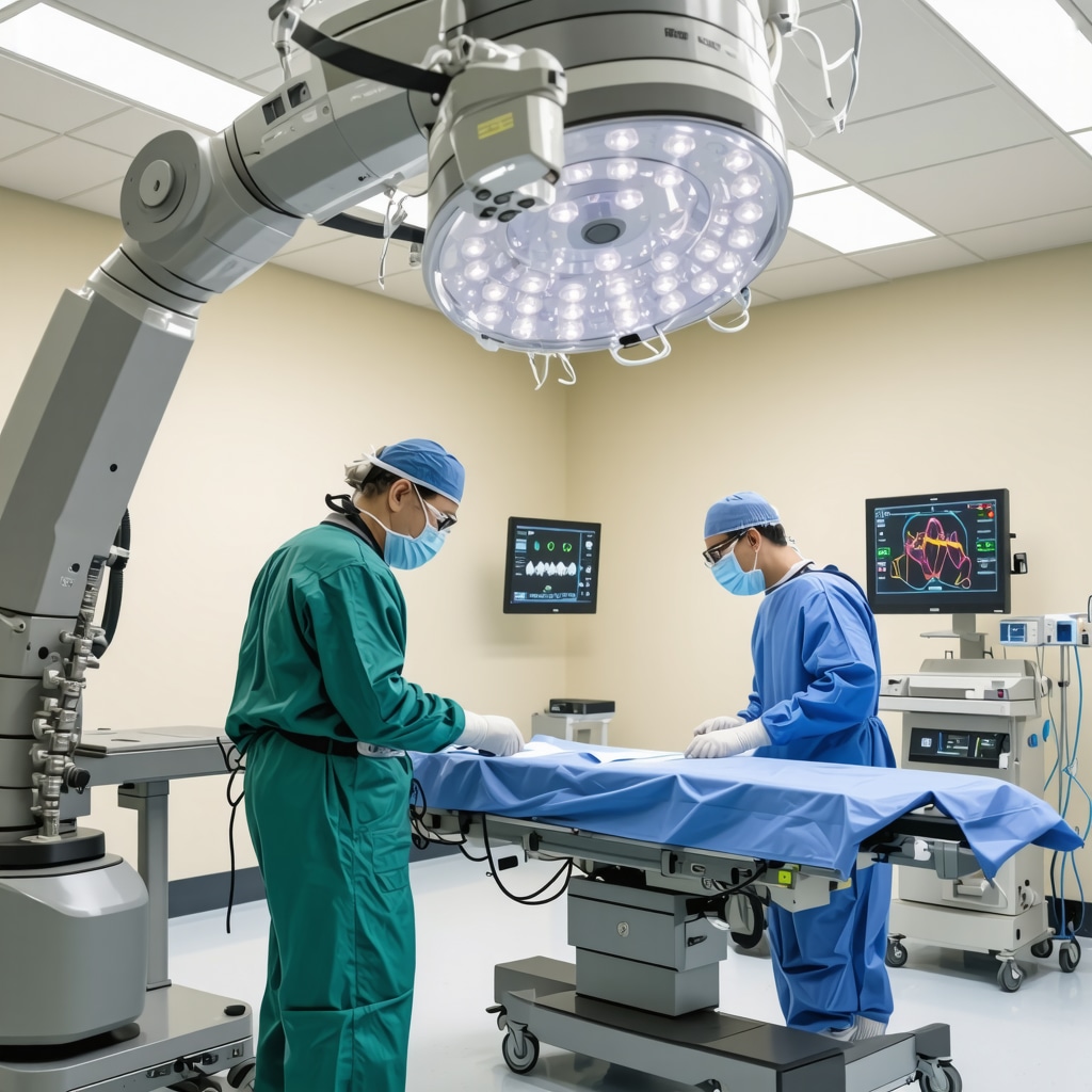 Surgeon operating robotic spine surgery system in a state-of-the-art OR.