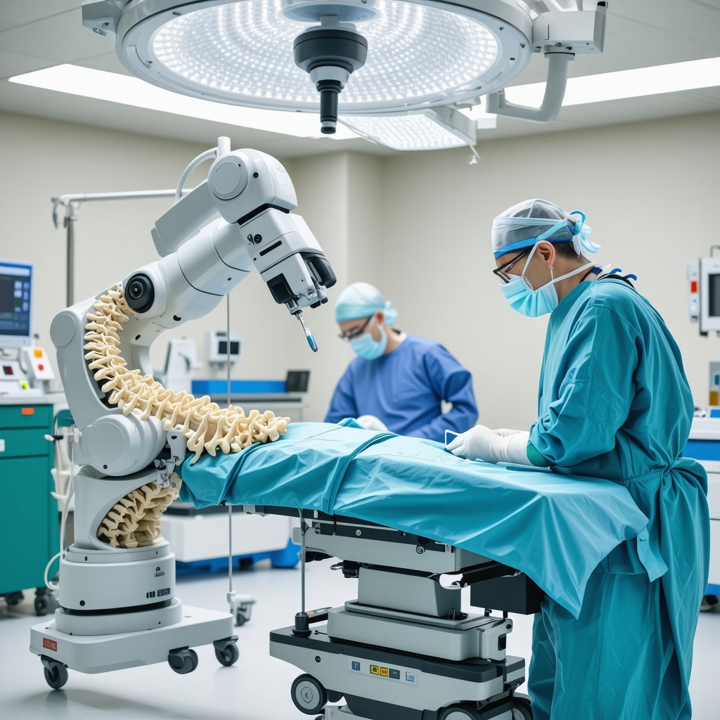 Surgeon operating robotic system for herniated disc treatment in a modern surgical suite.