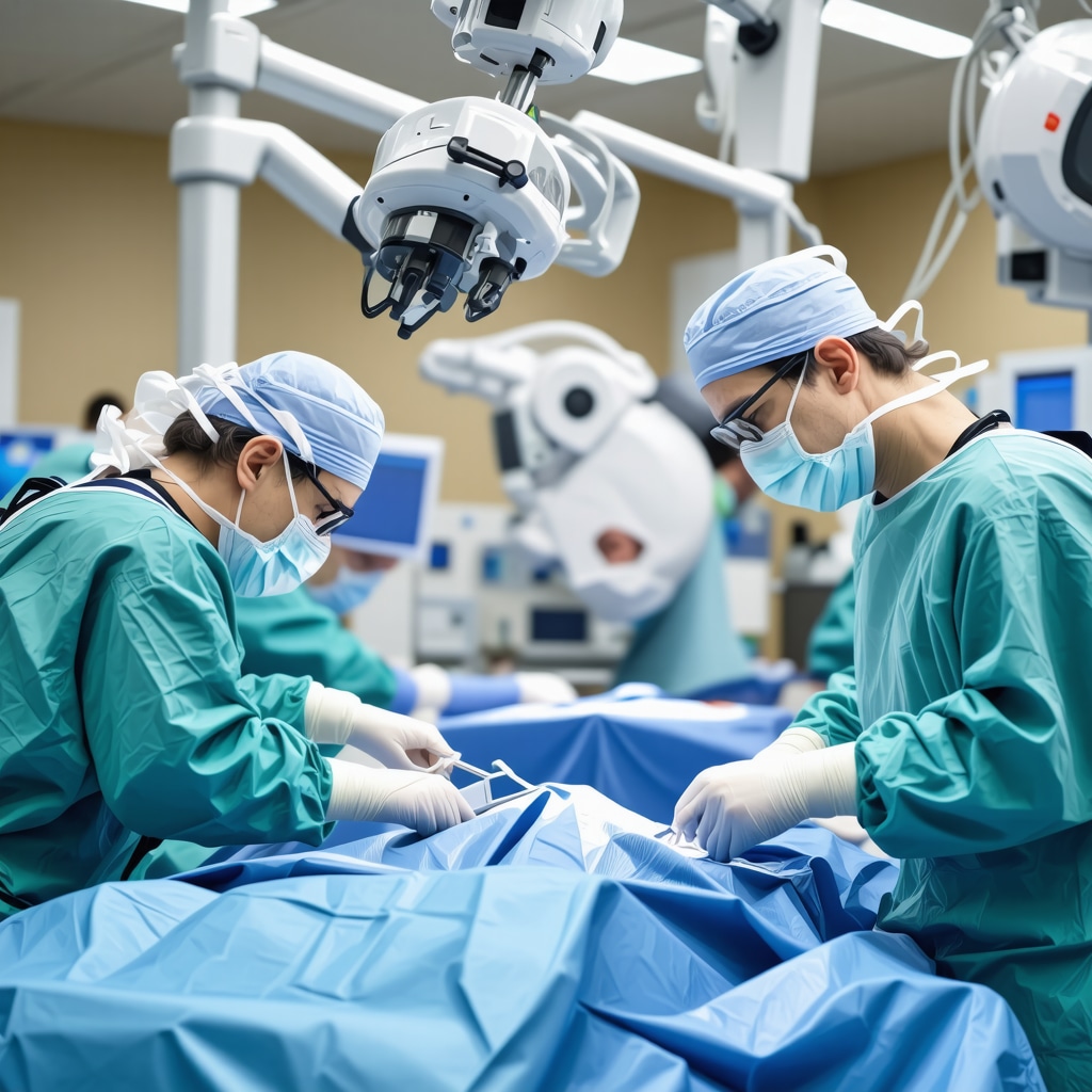 Surgeon operating with robotic assistance during spine surgery in a modern operating room