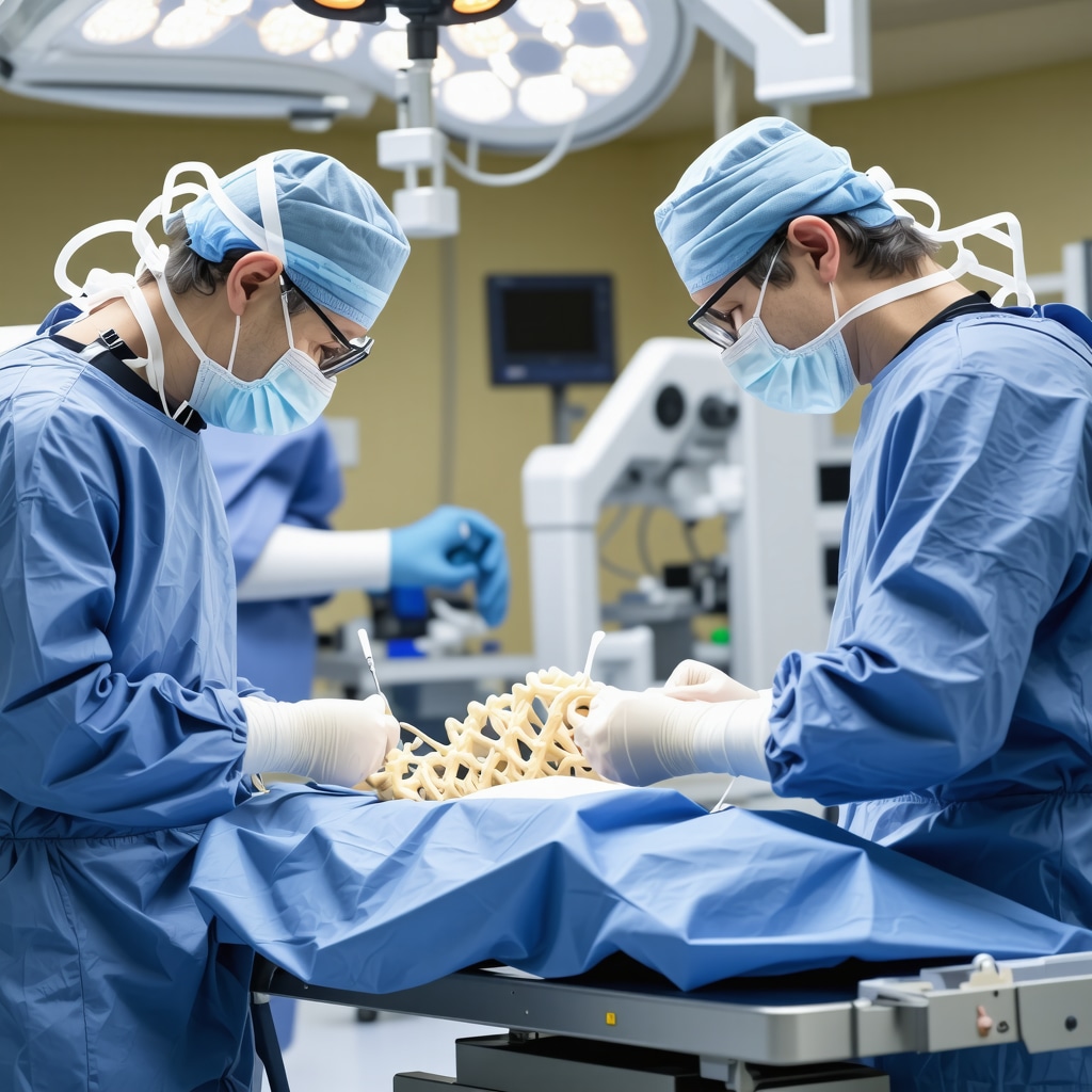 Surgeon operating a robotic system for precise spinal intervention in a NJ hospital.