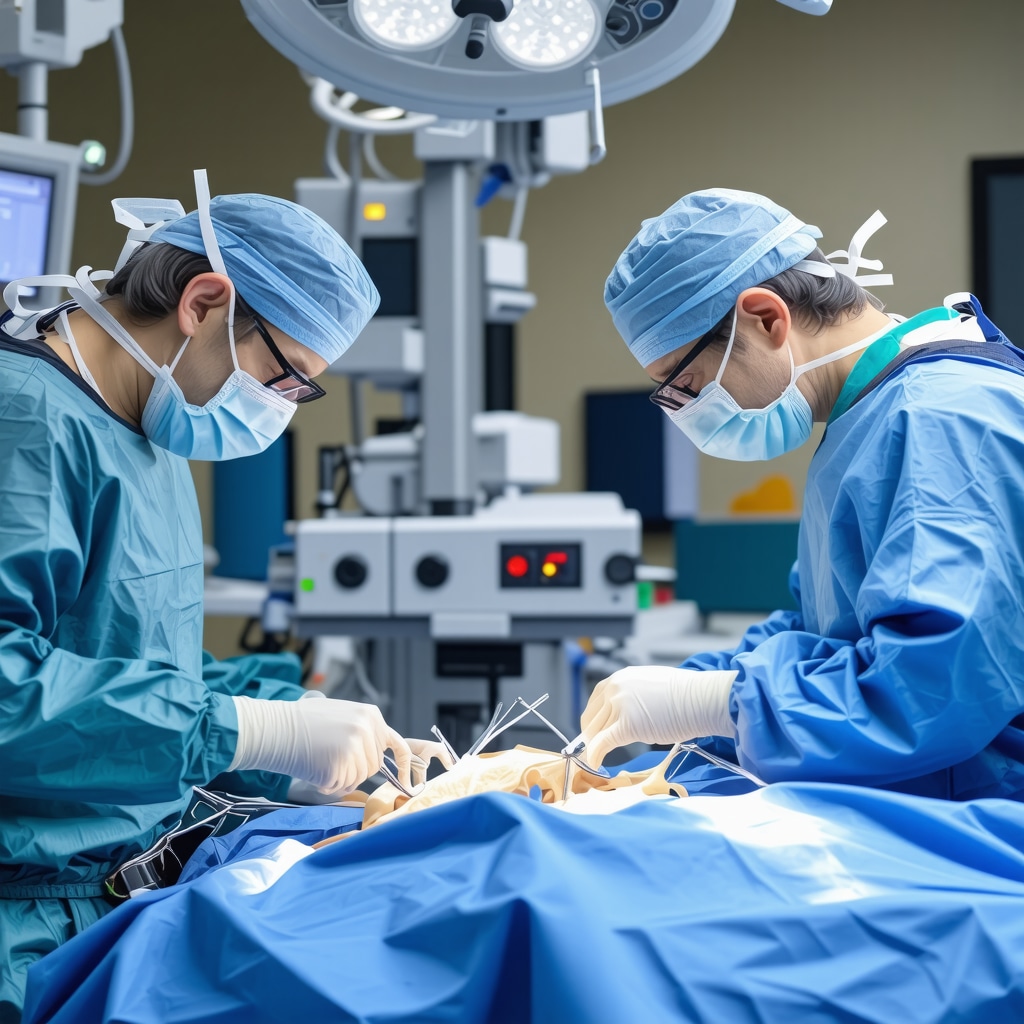Surgeon using robotic system during spine surgery in high-tech operating room