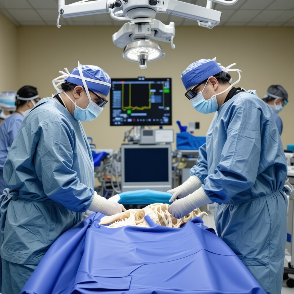 Surgeons performing robotic-assisted spine surgery in a high-tech NJ operating room