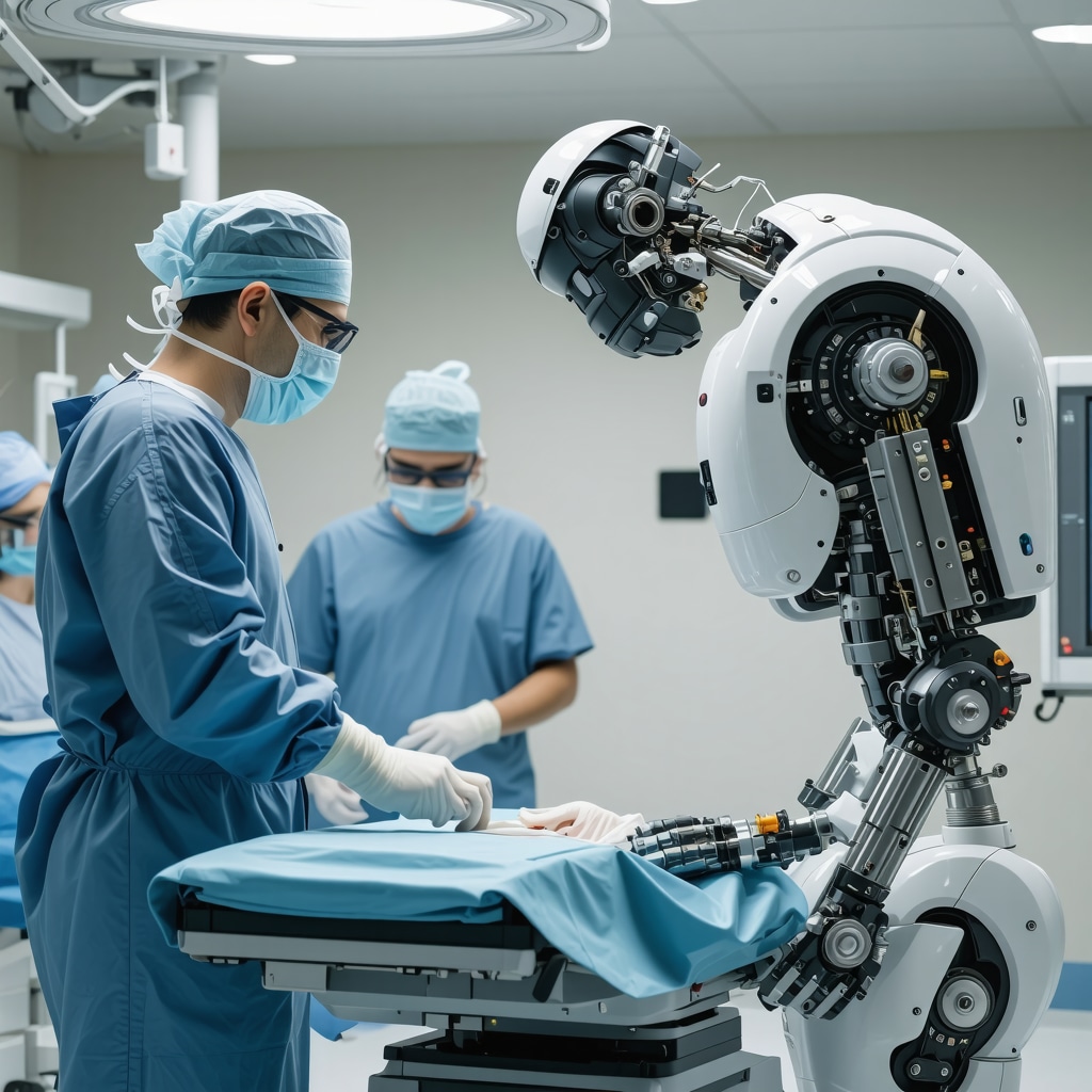 A surgeon operating a robotic spine surgery system with advanced imaging technology in a modern medical facility