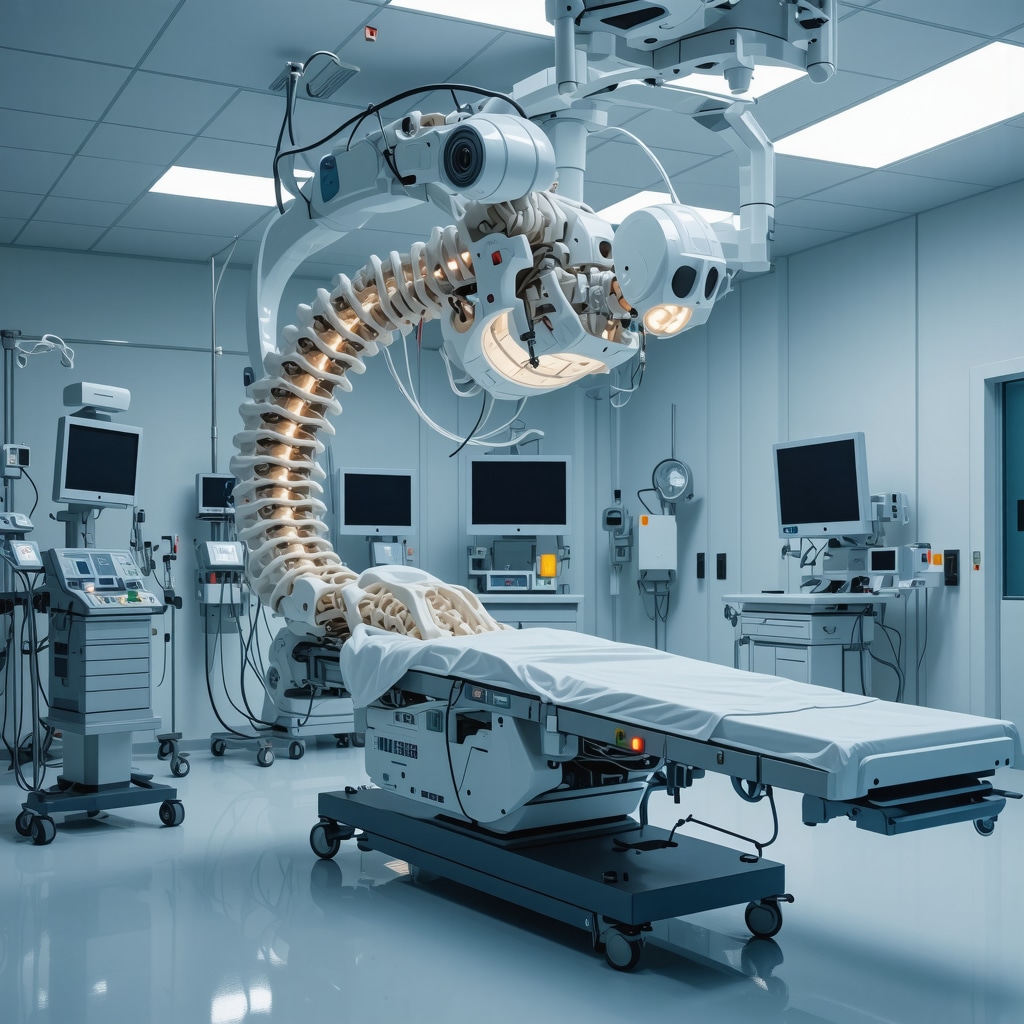 Futuristic robotic spine surgery operating room with surgeons and advanced equipment