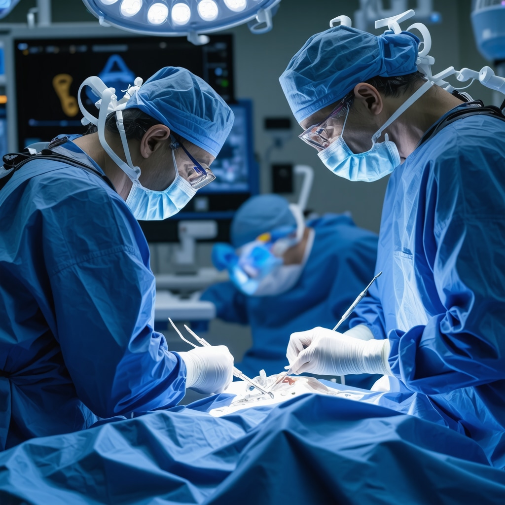 Spine surgeon performing robotic-assisted vertebrae fracture surgery with AI 3D imaging and biomaterial implant visualization