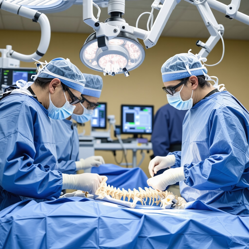 Neurosurgeon performing robotic-assisted spine surgery with augmented reality guidance on 3D spinal anatomy model