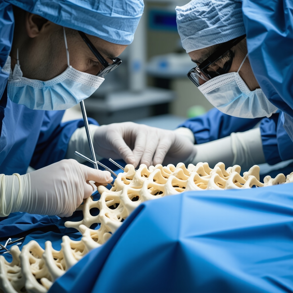 Surgeon performing robotic-assisted spine surgery with advanced technology.