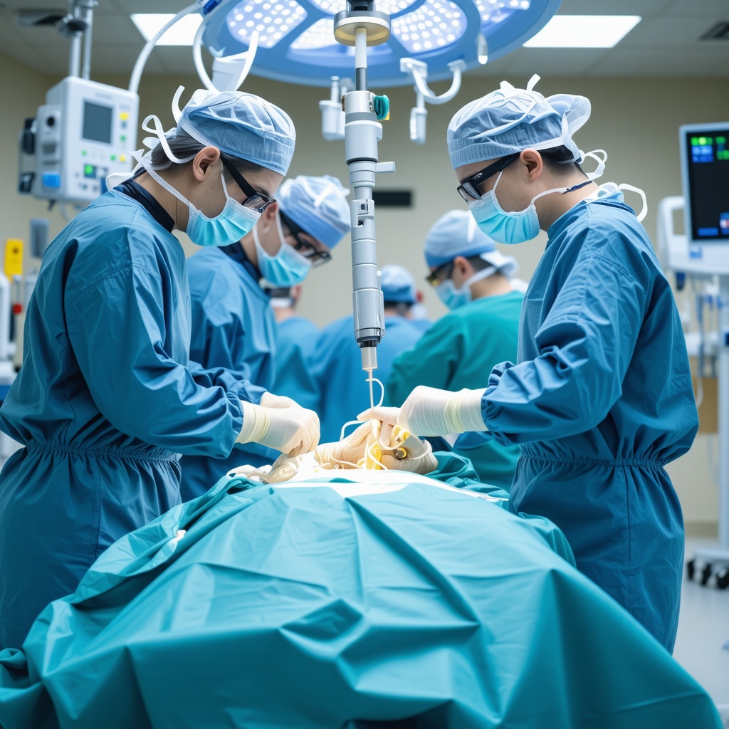 Surgeons performing robotic-assisted spinal surgery with advanced equipment