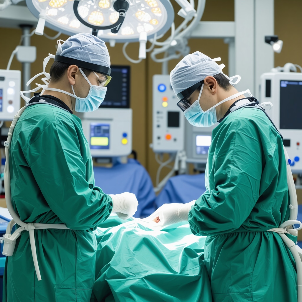 Surgeon operating robotic-assisted spine surgery system in a modern hospital operating room