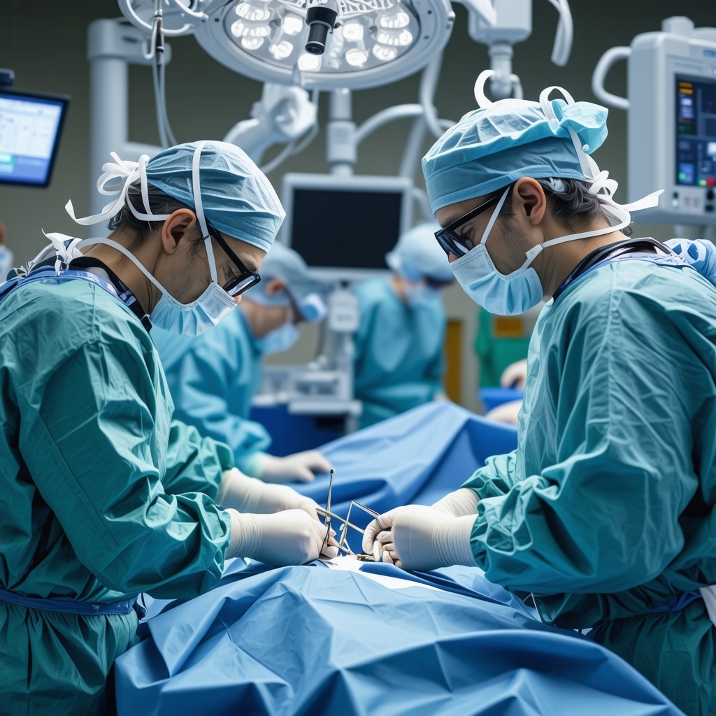 Futuristic hospital with robotic spine surgery equipment and surgeon