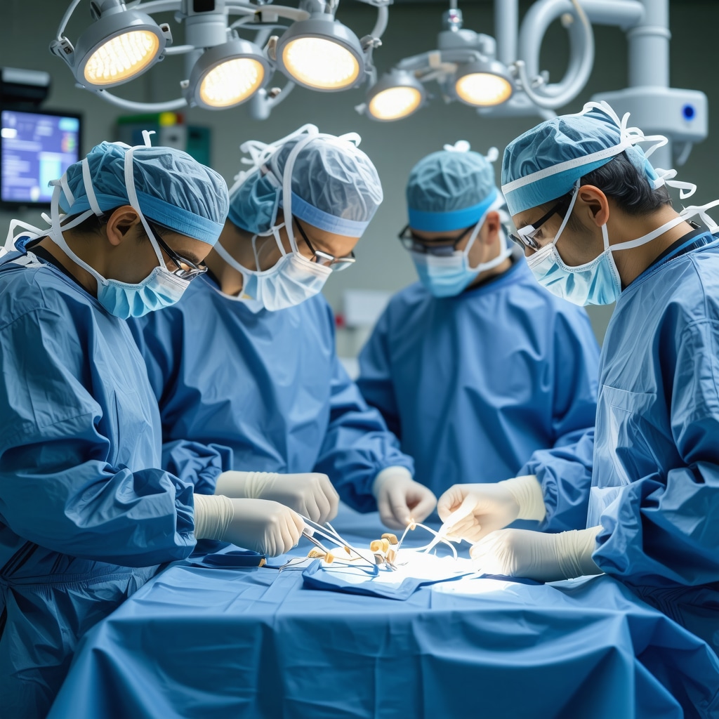 Surgeon operating robotic system for spinal procedure in a high-tech operating room.