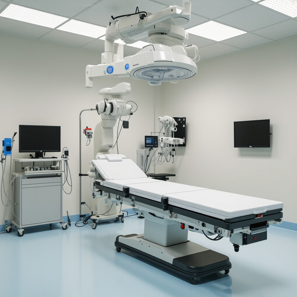 Surgeon operating robotic spine surgery system in a high-tech operating room