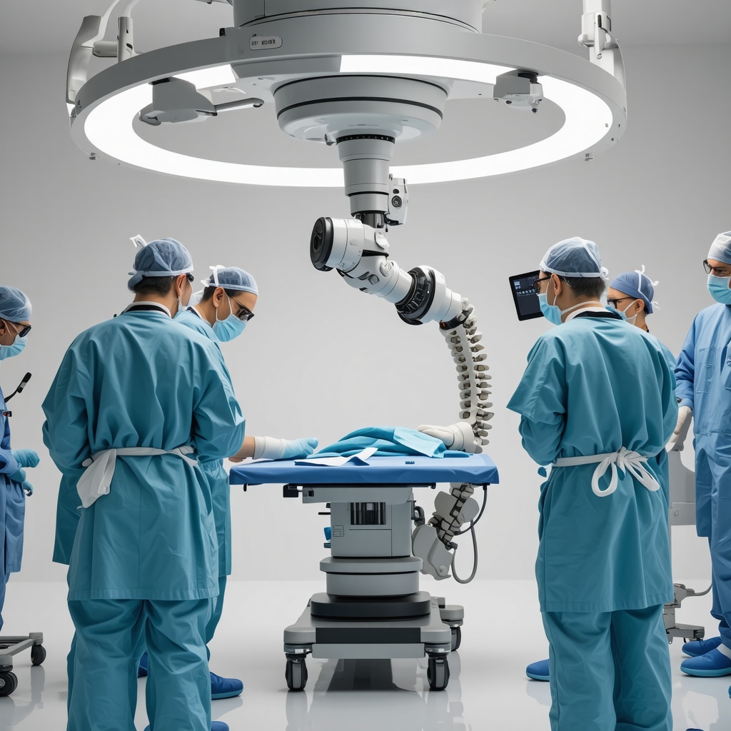 Surgeons performing robotic-assisted spine surgery with advanced technology