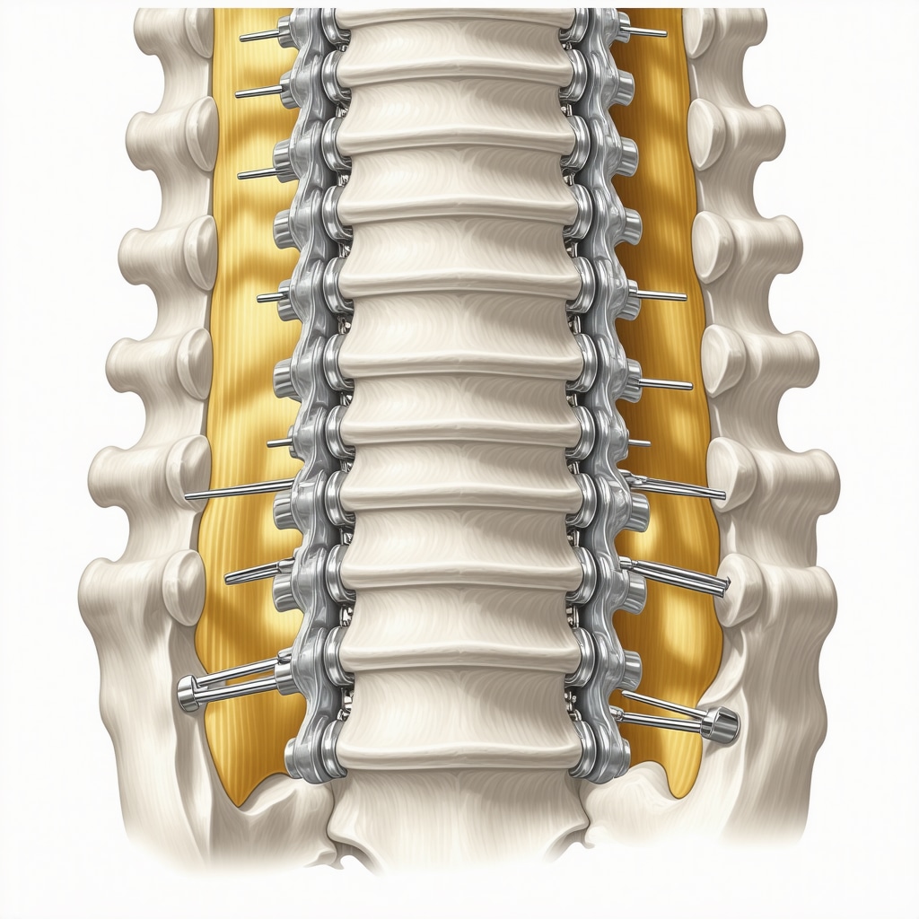 A 3D rendering of a spine being operated on with robotic assistance.