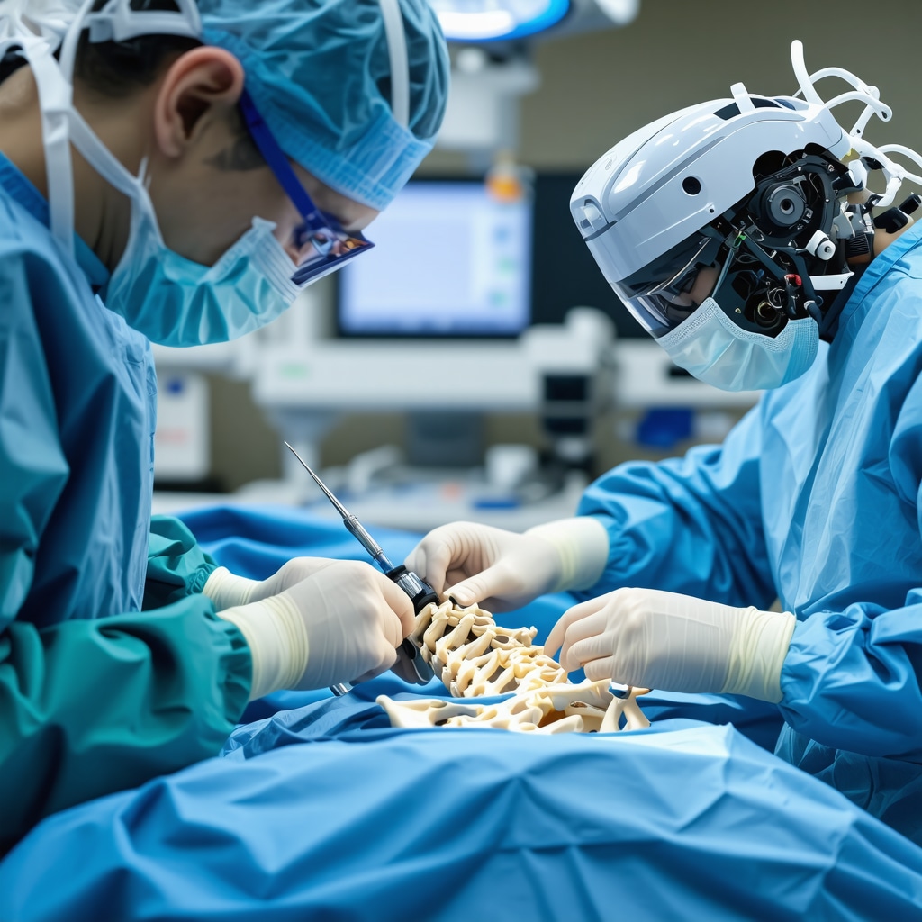 Medical illustration of robotic-assisted spine surgery with precision screw placement in New Jersey surgical setting