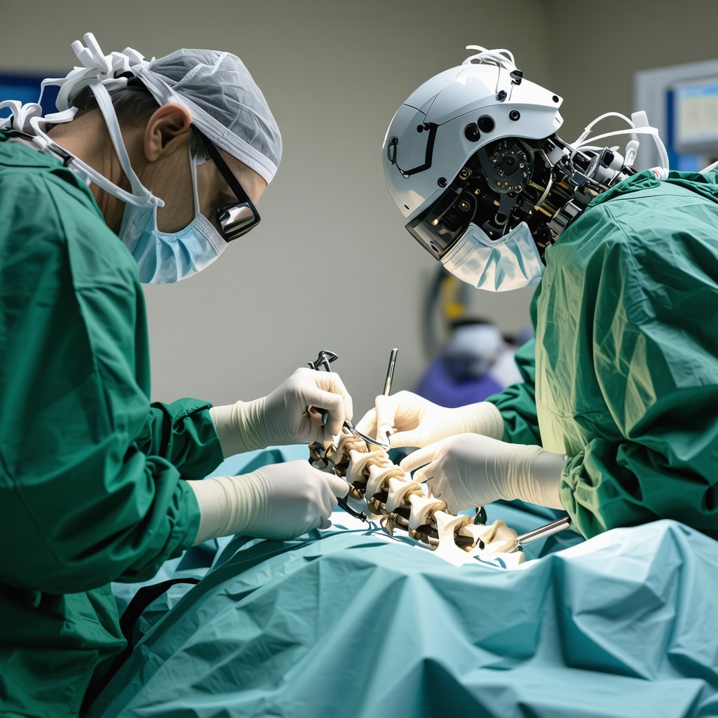 Surgeon performing robotic-assisted spine surgery with advanced tools