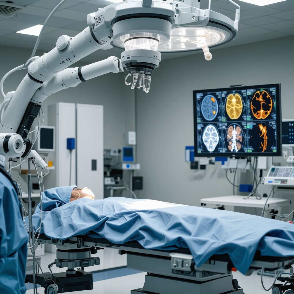 Robotic arm performing spine surgery with AI navigation and neurophysiological monitoring in advanced operating room