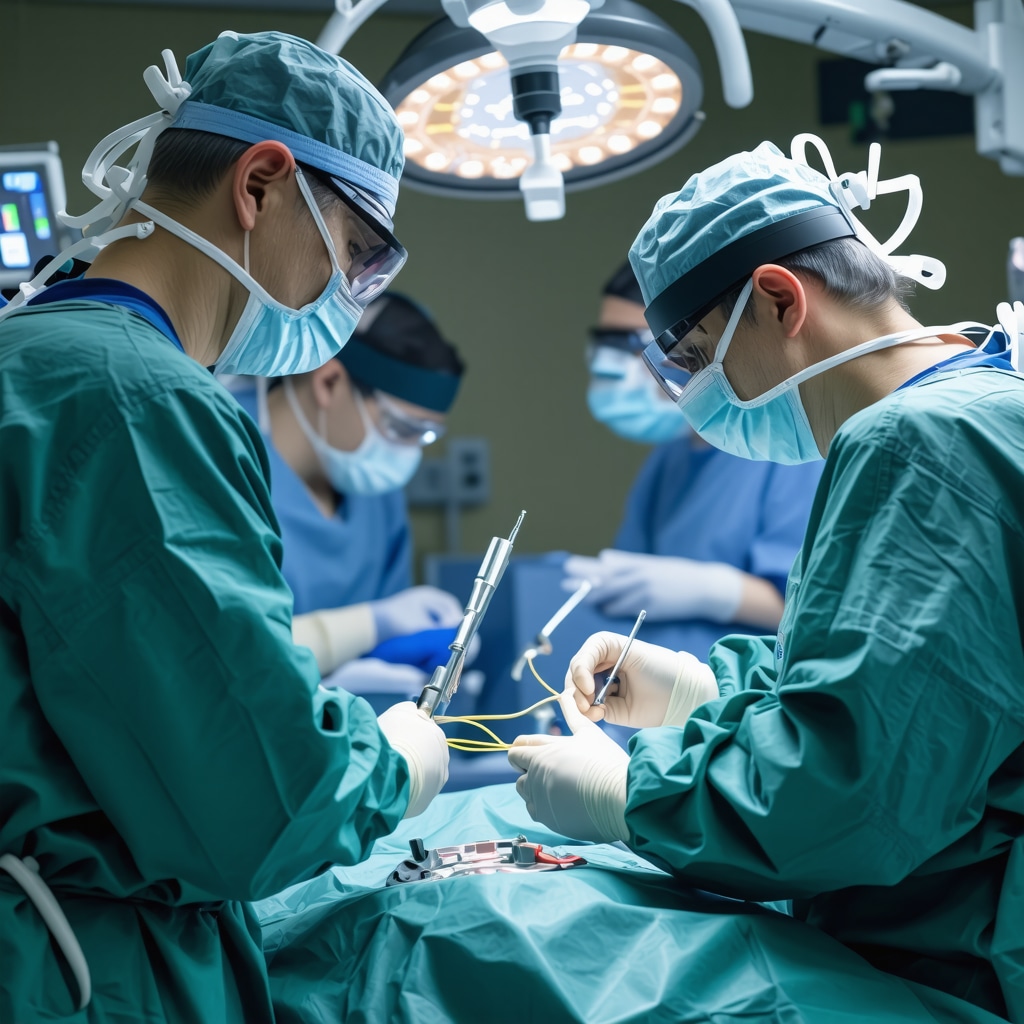 Neurosurgeon performing robotic-assisted spine surgery with augmented reality overlays for precision